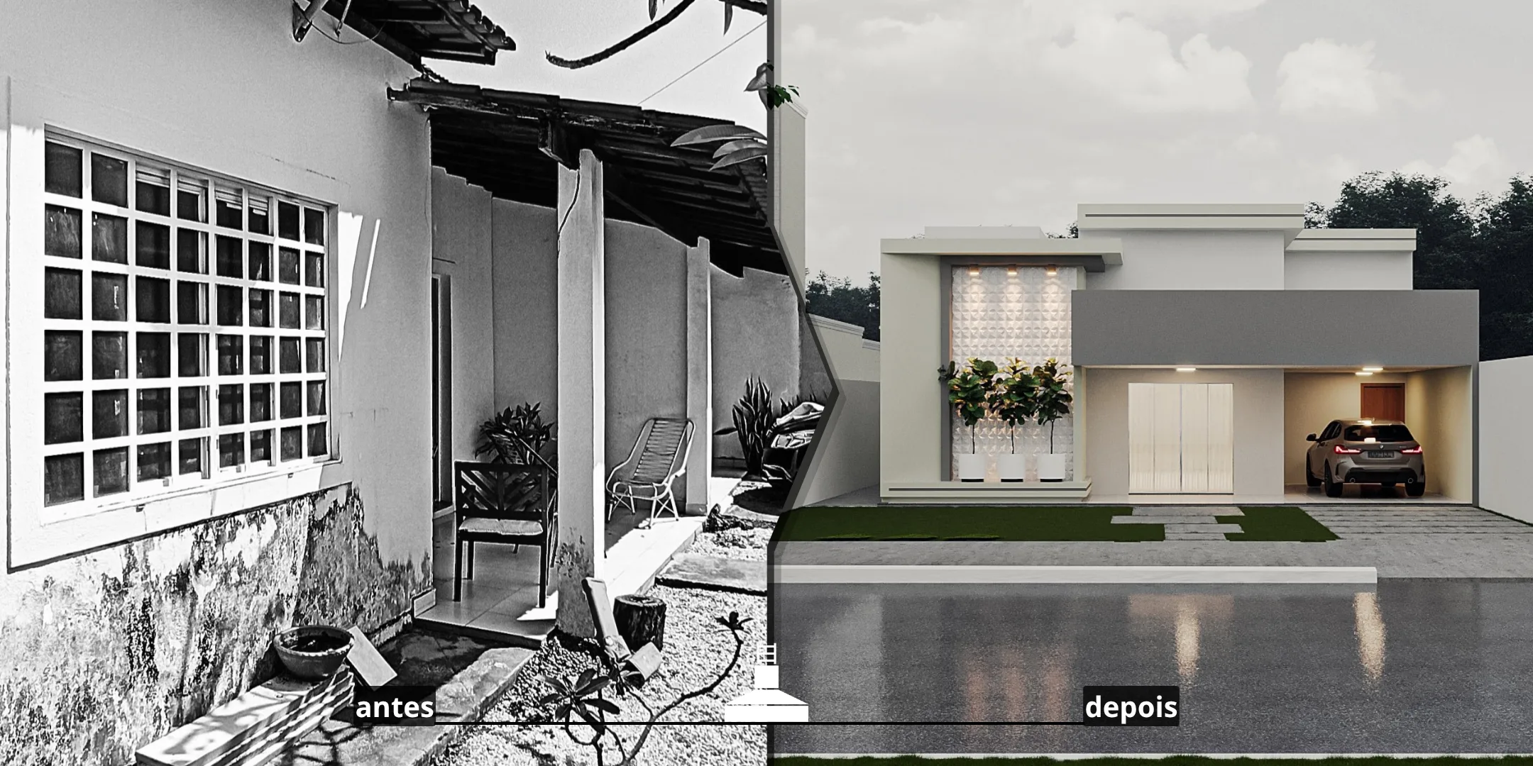 Fachada residencial antes e depois da reforma planejada e executada pela Fulcro Engenharia
